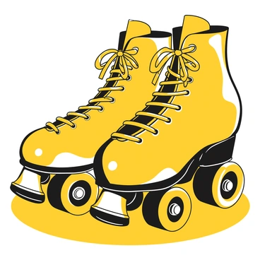 A pair of roller skates with a glossy finish, featuring a yellow base with black accents. The skates have prominent toe stops at the front, shining under bright lighting. The laces are tightly tied, and the wheels are large with a sturdy design, positioned for stability. The skates are placed on a smooth surface, emphasizing their sleek design and functionality.