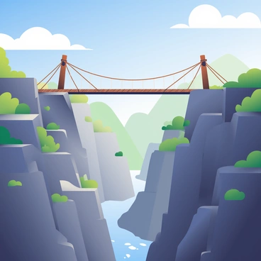 A sturdy bridge made of weathered wooden planks spans between two rugged cliffs. The bridge is supported by thick ropes tied to sturdy posts at each end. Below, a deep canyon reveals rocky walls with patches of green vegetation clinging to the sides. The sky above is bright blue with a few fluffy white clouds drifting. Sunlight casts shadows across the bridge, emphasizing its structure and the height of the cliffs on either side. In the distance, a river can be seen winding through the canyon floor, reflecting glimmers of light.