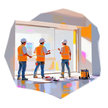 A group of construction workers is actively renovating the interior of a bank. One worker is carefully measuring a wall while another is applying a fresh coat of paint to a nearby surface. Modern design elements are evident, with sleek lines and contemporary materials being used throughout the space. Brightly colored accents highlight areas of the room, and large windows allow natural light to flood in. Tools and materials are scattered around, indicating the ongoing work and transformation taking place.