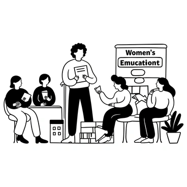 A woman named "Kartini" stands at a podium, addressing a diverse group of people seated in front of her. She holds a piece of paper with notes for her speech. Banners with the words "Women's Education" and "Empowerment" are displayed prominently in the background. To her left, a table is set with books and pamphlets about educational resources for women. To her right, a small group of women are engaged in discussion, some taking notes while others are exchanging ideas. Behind them, there is a large poster illustrating women's achievements in education, surrounded by a few potted plants.