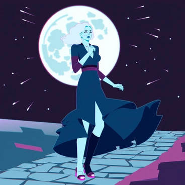 The Bride of Frankenstein, with her iconic tall, white hair and stitched facial features, is walking gracefully along a cobblestone path. Her gothic, tattered dress flows elegantly around her as she moves, catching the soft glow of the moonlight. The moon hangs high in the night sky, casting silvery light that highlights her figure. Shadows dance around her, enhancing the contrast between her pale skin and the dark surroundings. The cobblestones are uneven, adding texture to the scene. The atmosphere is tranquil, with an air of mystery surrounding her steps.