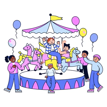 A cat with a striped coat is riding on a brightly colored carousel. The carousel features several pastel-colored horses, each adorned with ribbons and decorative patterns. The background is filled with festive balloons and bunting. The cat appears joyful, with its tail held high, as it enjoys the ride on the carousel. Surrounding the carousel are cheerful children watching and pointing with excitement.