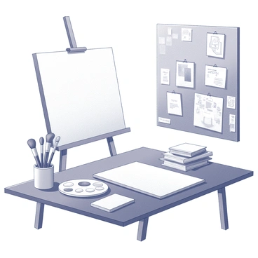 An artist's workspace is arranged in an organized manner. In the center, a large, blank canvas stands on an easel, awaiting creation. To the side, a set of clean brushes of various sizes is neatly organized in a container. An inspiration board is mounted on the wall, filled with various sketches, magazine cutouts, and notes that reflect different ideas and themes. The workspace also includes a wooden table that holds a palette with ready-to-use materials and a few art books stacked nearby.