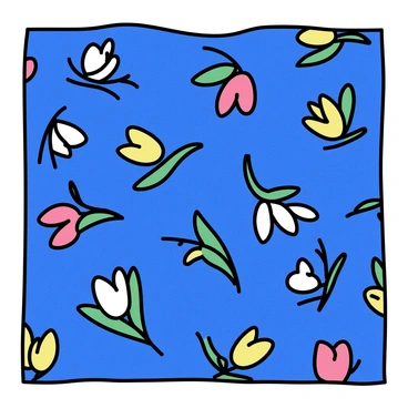 A piece of silk fabric, displaying a deep royal blue hue, is intricately patterned with vibrant tulip designs in shades of red, yellow, and white. The tulips appear in various sizes, some in full bloom while others are budding. The fabric has a smooth, glossy texture that reflects light, emphasizing the richness of the colors. The patterns are arranged in a harmonious layout, creating an elegant and refined appearance.
