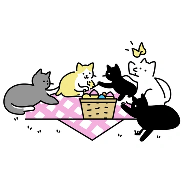 A group of four cats, each with different fur patterns, are sitting on a red and white checkered blanket spread out on the grass. Two of the cats are playfully pawing at a wicker picnic basket, which is filled with various colorful snacks like fruits and small sandwiches. One cat, a fluffy gray tabby, is lying comfortably while basking in the sunlight. Another cat, a sleek black cat, is looking curiously at a butterfly nearby. The scene is peaceful and captures the playful interaction of the cats during their picnic.