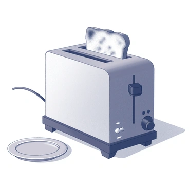 A toaster with a metallic finish, featuring two slots. The toaster is plugged into a wall outlet. A piece of burnt toast is visible, emerging halfway from one of the slots. The toast has a charred surface, indicating it has been overcooked. The surrounding area includes a countertop, and there is a small plate nearby to catch the toast when it fully pops up.