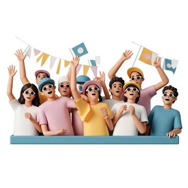 A group of excited fans, wearing various colorful hats and sunglasses, are cheering enthusiastically during a thrilling match point. Some fans are waving their arms in the air, while others are clapping and shouting. The expressions on their faces show intense joy and anticipation. In the background, there are banners and flags representing their team, creating a lively atmosphere. The lighting captures the high energy of the moment, highlighting the fans' excitement and engagement with the game.