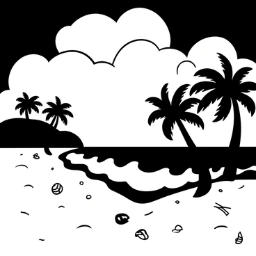 "Dark, billowing clouds swirl ominously above a sandy tropical beach, creating a striking contrast against the horizon. The beach is lined with tall palm trees swaying in the wind, their fronds rustling. Waves crash onto the shore, their frothy white crests blending into the darkening water. The scene captures the tension in the air as the storm approaches, with scattered seashells and driftwood visible on the wet sand."