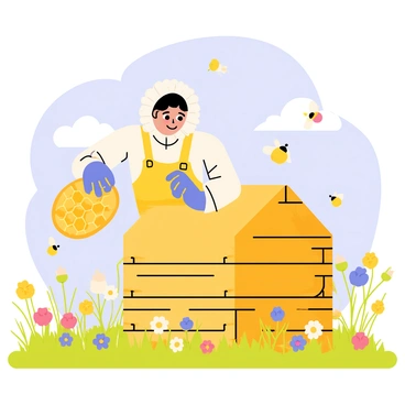 A beekeeper wearing protective gear is carefully harvesting honey from a wooden beehive. The beekeeper holds a honeycomb filled with golden honey, with droplets glistening in the sunlight. Surrounding the beehive, colorful wildflowers bloom in a sunny field, while bees buzz actively around. The sky above is bright blue with a few fluffy white clouds, creating a cheerful atmosphere.