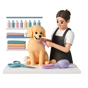 A goldendoodle with fluffy, golden fur is sitting on a grooming table at a pet salon. The dog has a cheerful expression, with its tongue out and tail wagging. A groomer, wearing a black apron, is brushing the dog's fur with a pink brush, focusing on its back. Surrounding them are various colorful grooming tools, including a blue pair of scissors, a green comb, and a purple hairdryer. The background features shelves filled with pet shampoos and colorful towels neatly arranged, completing the vibrant atmosphere of the salon.