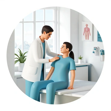 A chiropractor, wearing a white coat and blue scrubs, is gently adjusting a patient's neck while offering a supportive smile. The patient is seated on an adjustment table, looking relaxed and at ease. The treatment room is well-lit, with large windows allowing natural light to fill the space. Various chiropractic tools and anatomical posters are visible on the walls, contributing to the clinical environment. The atmosphere feels welcoming and reassuring.