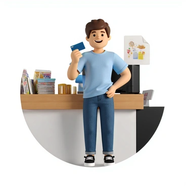 A person with light skin and short brown hair, wearing a casual blue shirt and jeans, stands at a checkout counter in a retail store. They have a bright smile on their face, reflecting their happiness while shopping. In one hand, they hold a credit card, raised slightly as they prepare to complete their purchase. The checkout counter is cluttered with various items, including snacks and magazines, and a cash register is visible in the background. The store has bright lighting, enhancing the cheerful atmosphere of the scene.