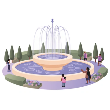 A digital flat illustration depicting a fountain located in a public park. The fountain features a large central basin with intricate designs. Water is being sprayed high into the air, forming multiple "dollar sign" shapes as it arcs upwards. The water glistens in the sunlight, creating a shimmering effect. Surrounding the fountain, there are neatly trimmed green bushes and colorful flower beds. People can be seen enjoying the scenery, with a child pointing excitedly at the water. A clear blue sky serves as the backdrop, enhancing the vibrant scene.