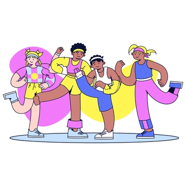 A fitness class featuring several individuals performing donkey kicks. Each person is wearing bright, neon-colored workout attire typical of the 1980s, with headbands and leg warmers. The background includes simple geometric shapes in vibrant colors, enhancing the retro feel. Each participant is in a different pose, showcasing various stages of the donkey kick, with a focus on their determined expressions. The floor is a plain light color, keeping the attention on the action of the fitness class.