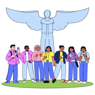 A group of tourists stands in front of the "Angel of the North," a large steel sculpture with wings outstretched. Each tourist is holding a camera or mobile device, focused on capturing the moment. The sky above is clear, providing a bright backdrop to the scene. The tourists are diverse in appearance, wearing casual clothing and smiling. Some are posing with the statue, while others are candidly taking pictures. The grass beneath their feet is lush and well-kept, adding to the vibrancy of the scene.