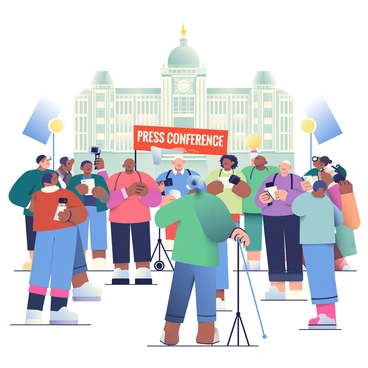 A large press conference is taking place outside Parliament. In the foreground, a group of journalists with various skin tones is gathered, holding microphones and notepads. Each journalist is wearing professional attire, including blazers and dress shirts. Several cameras are positioned on tripods, capturing the event, with bright lights illuminating the scene. In the background, the grand architecture of Parliament is visible, showcasing its intricate details and tall columns. A banner with the words "Press Conference" in bold letters is displayed prominently near the podium. The atmosphere is lively, with journalists eagerly engaging and taking notes.