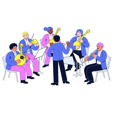 A symphony orchestra with musicians seated in a semi-circle. Each musician is playing a unique instrument shaped like an antibody, with intricate details mimicking the Y-shaped structure of antibodies. The instruments are made of shiny metal and vibrant colors, reflecting light as the musicians focus on their performance. The conductor stands at the front, guiding the orchestra with a baton. The scene captures a harmonious blend of creativity and music, with the musicians all wearing formal concert attire.