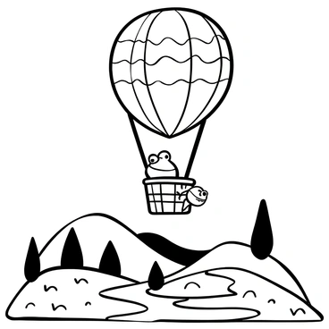 A frog and a toad sitting together in a hot air balloon. The balloon has a large, round shape with a design that features various patterns. Below the balloon, there is a detailed landscape filled with trees, hills, and a winding river. The frog is holding onto the side of the basket, while the toad is looking over the edge. The scene captures a moment of tranquility as they float above the picturesque scenery.