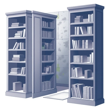 An old library filled with tall, dusty bookshelves. One of the bookshelves is partially ajar, revealing a narrow passageway behind it. The wooden shelves are lined with various leather-bound books, some stacked haphazardly, and others standing upright. The walls of the passageway are made of worn stone, with faint signs of moss growing in the cracks. Dim light filters through the gap, casting shadows on the floor. An aged carpet lies beneath, adding to the atmosphere of mystery and intrigue.