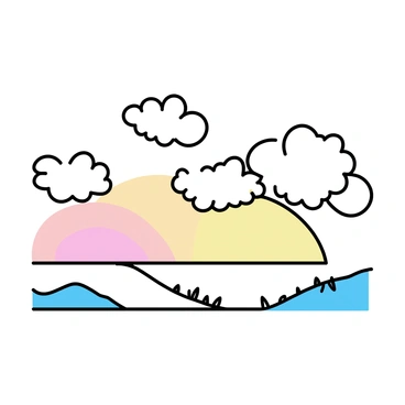 A sky filled with fluffy clouds, each shaped like various types of shells, floating gently. The clouds create a whimsical scene, casting soft shadows on a horizon. Below, a calm landscape features rolling hills and occasional patches of grass peeking through. The colors in the sky transition from warm oranges and pinks to cool blues, enhancing the dreamlike quality of the scene.