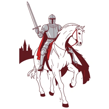 A duotone illustration features a valiant knight in shining armor seated atop a powerful white horse. The knight's armor reflects a brilliant shine, capturing intricate details such as engravings and embellishments. The horse has a graceful stance with its mane flowing in the wind. In the background, a faint outline of a castle can be seen, adding to the sense of grandeur. The knight holds a raised sword in one hand, symbolizing bravery and honor, while the other hand is resting on the horse's neck, showcasing a bond between them.