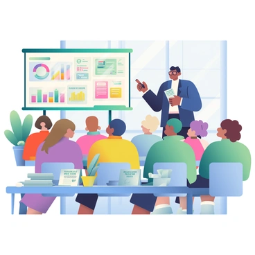 A financial advisor with short black hair and glasses is standing at the front of a community center room. He is wearing a navy blue suit and holding a presentation remote in his right hand, while pointing at a large whiteboard filled with colorful charts and graphs related to personal finance. In the audience, a diverse group of adults, including individuals of different ages and ethnic backgrounds, are seated in rows, looking engaged. On a nearby table, there are stacks of informational brochures about budgeting, saving, and investing, along with a few green potted plants for decoration. Natural light filters through large windows, illuminating the space.