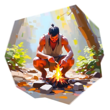 A skilled hunter kneeling on the forest floor, demonstrating fire-making techniques. He has sun-kissed skin and is dressed in rugged, earth-toned clothing that blends with the surroundings. His hands are meticulously working to create friction between a wooden stick and a piece of dry grass. Surrounding him are fallen leaves, twigs, and the dappled sunlight filtering through the tree canopy above. The expression on his face shows concentration as he carefully fans the budding sparks with a gentle breath. In the background, various trees and ferns create a lush, natural environment, enhancing the scene.