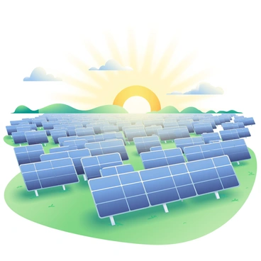 A vast field filled with numerous solar panels arranged in straight rows stretches across the landscape. The panels are a glossy blue, reflecting the sunlight. In the background, a bright sunny sky is painted with a few fluffy, white clouds scattered across it. The grass beneath the panels is lush and green, contrasting with the blue of the solar panels. The sun casts a warm glow over the entire scene, illuminating the panels and the surrounding field.