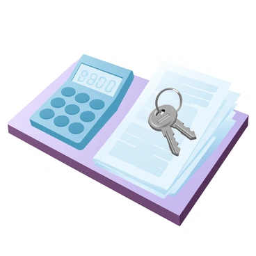 A calculator is placed on a wooden desk, next to a set of house keys that are resting on an organized pile of paperwork. The calculator has a digital display showing numbers, while the keys have a shiny metal finish. The stack of paperwork includes various documents with visible text and graphs. The desk surface has a smooth texture and is illuminated by soft light coming from a nearby source.