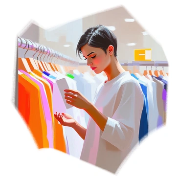 A consumer with light skin and dark hair is closely examining a price tag attached to a clothing item. Their brow is furrowed, indicating a critical expression as they scrutinize the tag. The consumer is standing in a retail store with clothing racks in the background. The price tag is prominently displayed in their hand, and they are wearing casual clothing. The lighting in the store is bright, highlighting the details of the clothing and the consumer's focused demeanor.