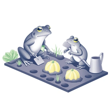 A frog and a toad are depicted working together in a vegetable garden. The frog is holding a small hand trowel, while the toad is using a tiny rake. Surrounding them are various vegetables, including rows of green lettuce and yellow squash. The garden is neatly organized, with soil mounds indicating freshly planted seeds. The frog's posture shows focus on its task, while the toad appears to be surveying the area for any weeds. A small watering can sits nearby, adding to the scene of diligent gardening.