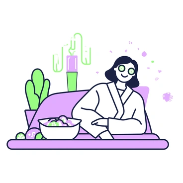 A cheerful person is lying on a comfortable spa treatment table. They have a peaceful expression as they relax with "cucumber slices" on their eyes. The person has medium-length hair, and they are wearing a soft white spa robe. Surrounding them are various spa elements, including "a bowl of water" with floating "flower petals" beside the table. In the background, there are "aromatic candles" providing a tranquil atmosphere. A small "potted plant" adds a touch of greenery to the setting.