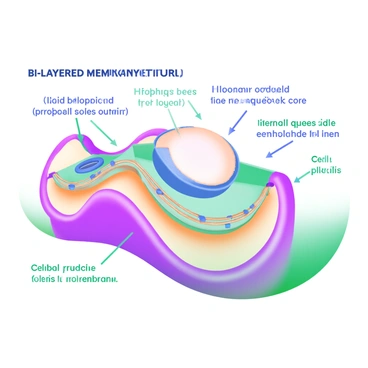 A detailed diagram illustrating a "liposome" with a focus on its "bi-layered membrane structure." The outer layer is composed of phospholipid molecules arranged in a "bilayer," showcasing their hydrophilic heads facing outward and hydrophobic tails facing inward. The diagram includes labeled components such as "lipid bilayer," "internal aqueous core," and "embedded proteins" that represent the organization similar to a "cell membrane." Additionally, arrows indicate the fluidity of the membrane, and color gradients differentiate various components for clarity.