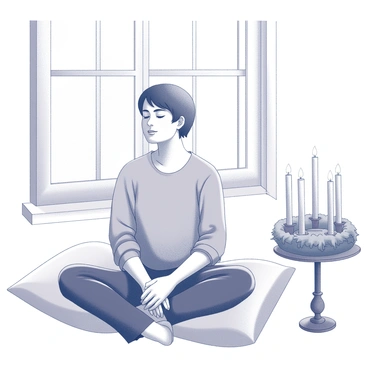A person sitting cross-legged on a comfortable cushion. The individual has their eyes closed and hands resting on their knees, displaying a calm expression. There is a large window behind them, allowing soft light to enter the room. Next to the person, an Advent wreath is placed on a small table. The wreath is adorned with four candles, one of which is lit, casting gentle light and shadows around the area. The background features simple decor, creating a peaceful atmosphere.