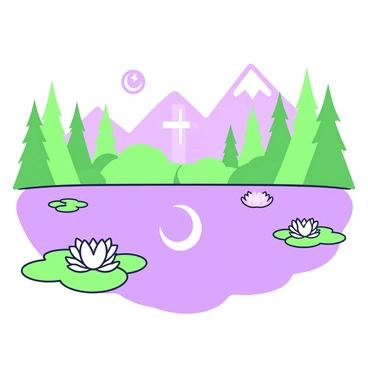 A lake is surrounded by a forest of tall trees and mountains in the background. The surface of the water is calm, perfectly reflecting symbols of world religions, such as a cross, a crescent moon and star, the Om symbol, and a lotus flower. Each symbol is distinct and floats gently on the water. In the foreground, there are lily pads with delicate flowers, enhancing the tranquil scene. The light creates subtle variations on the water's surface, adding to the overall composition.
