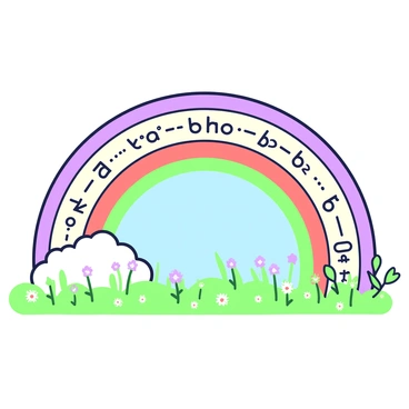 A rainbow arches across the sky, displaying a vibrant spectrum of colors. The rainbow's bands seamlessly transition from one color to the next, with distinct sections that feature mathematical equations. Each segment of the rainbow contains a different equation, such as "E=mc²," "a² + b² = c²," and "x² - y² = (x-y)(x+y)." Below the rainbow, fluffy clouds float in the blue sky, adding depth to the scene. In the foreground, a grassy field extends, dotted with wildflowers that complement the colorful display above.
