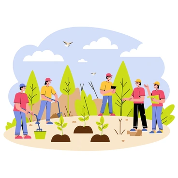 A group of volunteers planting young trees in a deforested area. The volunteers are wearing colorful hats and t-shirts, with some holding shovels and watering cans. Small green saplings are being placed in the ground, surrounded by patches of brown soil. In the background, there are stumps of cut-down trees and a few patches of dry grass. The sky is bright blue with fluffy white clouds, and a few birds are flying above, symbolizing hope for the restored environment.