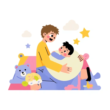 An older sibling with brown hair is kneeling on a colorful play mat. The sibling has a look of surprise and joy as they gaze down at a small baby wrapped in a soft, pastel-colored blanket. The baby, with a tuft of fuzzy dark hair, is lying on their back, looking up with wide eyes. Surrounding them are playful stuffed animals, including a blue bear and a pink bunny. In the background, there are cheerful wall decorations, like clouds and stars, enhancing the warm atmosphere of this heartwarming moment.