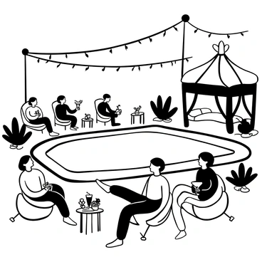 A luxurious poolside area featuring a large, sparkling swimming pool with elegant lounge chairs arranged around it. Several guests are reclining on the lounge chairs, each holding a different cocktail in hand. Some guests are chatting animatedly, while others are relaxed and enjoying the sun. An opulent cabana is positioned nearby, with plush cushions and draped fabric. Strands of twinkling lights are hung overhead, creating an inviting atmosphere. Small tables are scattered around, adorned with tropical fruit and additional drinks.