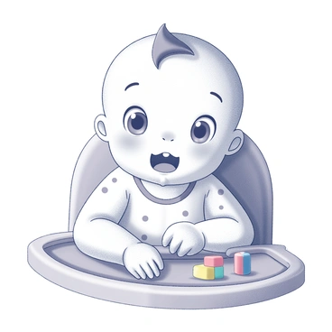 A baby sitting in a high chair, facing the viewer. The baby has wide eyes that are round and curious, and the mouth is open in a surprised expression, revealing tiny teeth. The cheeks are round and slightly rosy, adding to the impression of surprise. The baby is wearing a simple, light-colored onesie with small patterns. There is a soft, plush high chair cushion that provides comfort, and a few colorful toys are placed on the tray in front of the baby.
