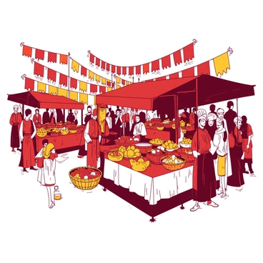 A vibrant medieval marketplace filled with a variety of merchants. Stalls are adorned with colorful fabrics displaying "red" and "yellow" goods. Vendors cheerfully showcase fruits, vegetables, and spices, with baskets overflowing. Some merchants are dressed in traditional garments, engaging with customers who are examining the wares. Above the stalls, vibrant banners flutter in the breeze. In the background, a crowd of people moves about, creating a lively atmosphere of trade and conversation.