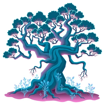 An illustration of gnarly roots intertwining beneath a large, ancient tree