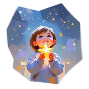 A child with light brown hair stands in a nighttime setting, holding a radiant, sparkling star in their hands. They wear a soft blue sweater and look up at the sky with wide eyes. Behind the child, the Virgo constellation is prominently displayed, with its stars twinkling brightly against the dark blue background. The surrounding area is softly illuminated by the starlight, creating a sense of wonder. The child's expression conveys a mixture of joy and curiosity as they gaze at the celestial display above.