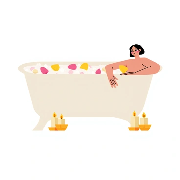 A person is sitting in a white bathtub filled with colorful petals and white bubbles. The surface of the water is dotted with floating pink and yellow petals. Surrounding the bathtub are several lit aromatic candles placed on small wooden surfaces, casting a soft glow. The person has a serene expression, leaning against the edge of the tub with their arms resting on the sides. The atmosphere appears warm and inviting.