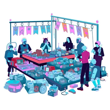 A bustling market filled with traders surrounded by piles of various metal scraps and mechanical parts. The scene features individuals of diverse backgrounds, some negotiating while others display their goods on makeshift tables. Brightly colored banners made from recycled materials hang overhead, reflecting a vibrant atmosphere. Traders are engaged in intense discussions, some holding rusty gears or wires, while others examine electronic components. A few small scale robots roam the area, assisting with carrying items. The ground is littered with tools and remnants of past creations, emphasizing the industrious nature of this unique bartering market.