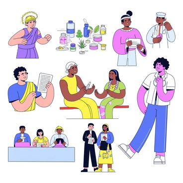 An illustration featuring various cultural beliefs and practices related to the appendix throughout history. The scene includes a diverse group of people from different eras and cultures, each depicted engaging in unique activities. One figure, dressed in ancient Greek attire, is observing scrolls with medical texts. Nearby, a medieval healer is shown consulting with patients, surrounded by herbs and remedies. An indigenous person is seen performing a ritual involving the appendix, with symbolic objects around them. In the background, silhouettes of modern doctors are discussing appendicitis in a contemporary clinical setting. Each figure represents a distinct cultural interpretation of the appendix, with visual elements that highlight their beliefs and practices.