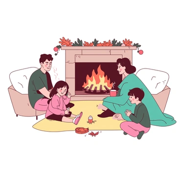 A cozy scene featuring a family of four gathered around a roaring fireplace. The fireplace is adorned with orange flames dancing within a stone hearth. The family members are sitting on a soft beige rug, with two children, a boy and a girl, playing with colorful toys while sitting cross-legged. The parents are seated on a comfortable white sofa, with the father holding a steaming mug and the mother wrapped in a teal blanket. Above the fireplace, a decorative mantle is lined with festive ornaments, and a warm glow fills the room, creating a feeling of togetherness during their favorite winter evening.