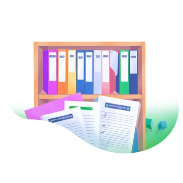 A modern pastel illustration featuring a wooden shelf filled with neatly arranged binders. Each binder is labeled with a different date, showcasing a variety of colorful spines. In front of the shelf, there are several open inforce illustration request forms, partially visible, with lines and checkboxes clearly seen. The background includes soft pastel colors to enhance the organized and professional atmosphere of the scene.