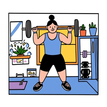 A person with light skin and short black hair is standing in a cozy home gym, performing barbell curls. They are wearing a fitted blue tank top and black athletic shorts. The room is well-lit with natural light coming through a window, illuminating the space filled with gym equipment. There are dumbbells and a yoga mat on the floor, and a small potted plant is placed on a nearby shelf. The person is focused on their workout, with a determined expression on their face as they lift the barbell towards their chest.