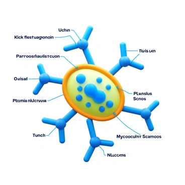 A detailed diagram illustrating the molecular structure of "Mycobacterium tuberculosis." The diagram showcases the intricate arrangement of molecules, highlighting key features such as the cell wall composition, lipid bilayers, and specific protein structures. The diagram includes labels for important components, using clear lines and arrows to indicate relationships and interactions between different elements. The overall layout is organized and easy to interpret, providing a comprehensive view of the bacterium's molecular architecture.
